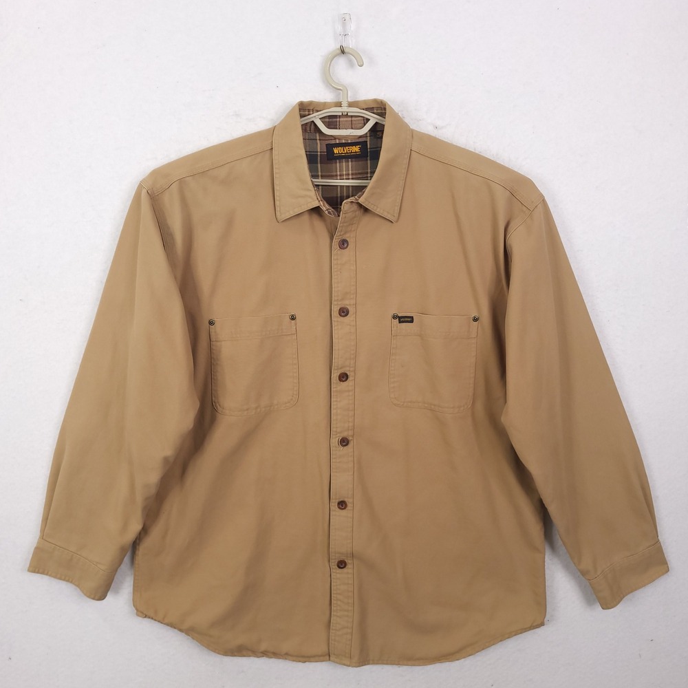 Wolverine Canvas Shirt Chore Jacket Men XL Tan Rugged Workwear Barn Plaid Lined
